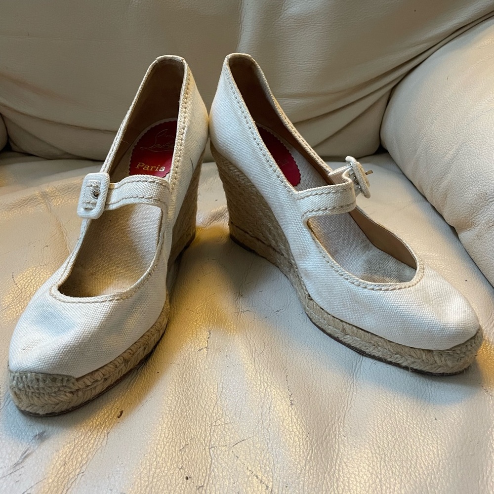 Christian Louboutin Espadrille Canvas Mary Jane Buckle Wedges